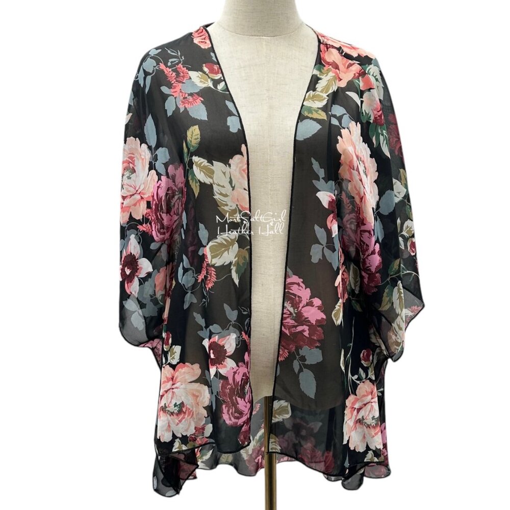 Polly & Esther Pink Roses Sheer Kimono Open Front Sheer Ultra Lightweight